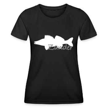 Pike-perch in white with grey lettering - Women's Functional T-Shirt - black - Front - AI Model Female 172 light (172cm)
