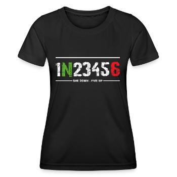 1N23456 Motorradschaltung für Biker 1 nach unten - Frauen Funktions-T-Shirt - Schwarz - Vorne - AI Model Female 172 light (172cm)