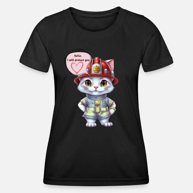Firefighter, i will protect you, cat - Women's Functional T-Shirt - black