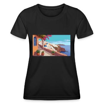 Oia, Santorini, Greece - Pixel Art - Women's Functional T-Shirt - black - Front - AI Model Female 172 light (172cm)