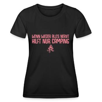 Camping Campingplatz Wohnwagen Camperin - Frauen Funktions-T-Shirt - Schwarz - Vorne - AI Model Female 172 light (172cm)