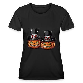 Zwei grinsende Halloweenkürbisse mit Zylinder - Frauen Funktions-T-Shirt - Schwarz - Vorne - AI Model Female 172 light (172cm)