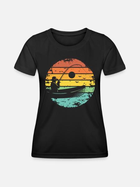 Angeln Fischer Boot Retro Sonnenuntergang - Frauen Funktions-T-Shirt - Schwarz