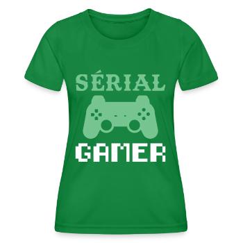 Serial Gamer Humor Console Video Games Teen Geek - Women's Functional T-Shirt - kelly green - Front - AI Model Female 172 dark (172cm)
