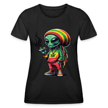 Ein Rasta-Außerirdischer raucht einen Cannabis-Joint - Frauen Funktions-T-Shirt - Schwarz - Vorne - AI Model Female 172 light (172cm)