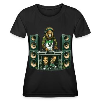 A Rasta lion DJ mixing surrounded by speakers - Women's Functional T-Shirt - black - Front - AI Model Female 172 light (172cm)