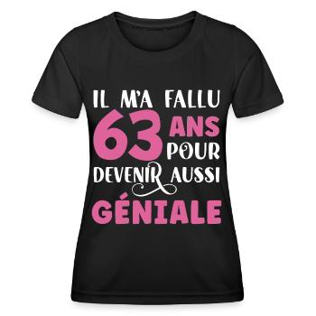 Anniversaire 63 ans. Idée Cadeau Humour Citations - T-shirt sport Femme - noir - Devant - AI Model Female 172 light (172cm)