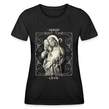 Jesus-mit-Schäfchen, Hirte, Jesus Christus - Frauen Funktions-T-Shirt - Schwarz - Vorne - AI Model Female 172 light (172cm)