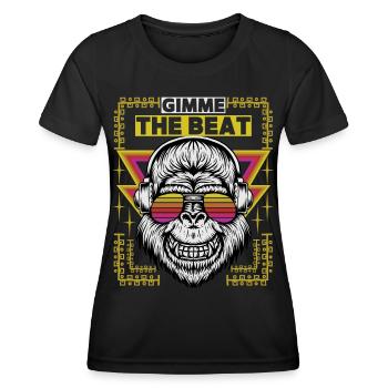 Cartoon monkey with headphones, beat music, saying - Women's Functional T-Shirt - black - Front - AI Model Female 172 light (172cm)