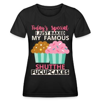 Cupcakes, funny saying Shutthefucupcakes - Women's Functional T-Shirt - black - Front - AI Model Female 172 light (172cm)