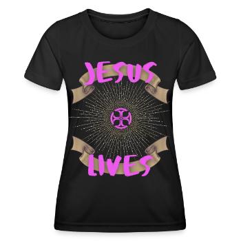 Jesus-Lives, Spruch Jesus Christus, Motivation - Frauen Funktions-T-Shirt - Schwarz - Vorne - AI Model Female 172 light (172cm)