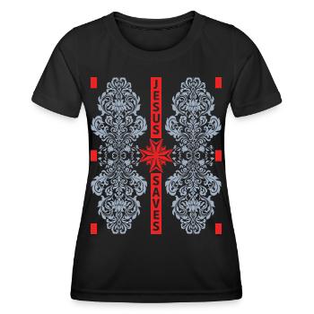 Kreuz Christi, Barock, Jesus Saves, Spruch - Frauen Funktions-T-Shirt - Schwarz - Vorne - AI Model Female 172 light (172cm)