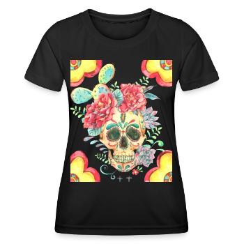 Mexican Sugar Skull with Flowers and Cactus - Women's Functional T-Shirt - black - Front - AI Model Female 172 light (172cm)