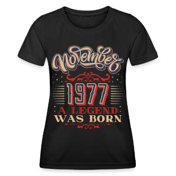 1977 birthday, November-1977, 11-1977 - Women's Functional T-Shirt - black - Front - AI Model Female 172 light (172cm)