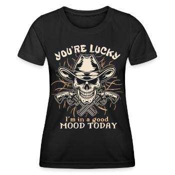 Lachender Totenkopf, Totenschädel, Cowboy Skull - Frauen Funktions-T-Shirt - Schwarz - Vorne - AI Model Female 172 light (172cm)