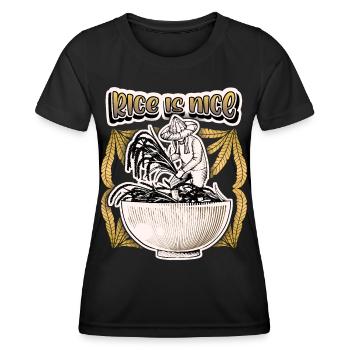 Rice farmer with rice bowl, saying rice - Women's Functional T-Shirt - black - Front - AI Model Female 172 light (172cm)