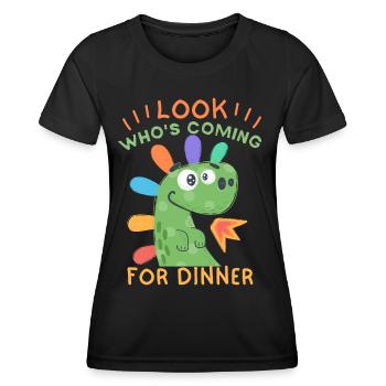 Lustiger Dinosaurier Einladung zum Abendessen - Frauen Funktions-T-Shirt - Schwarz - Vorne - AI Model Female 172 light (172cm)