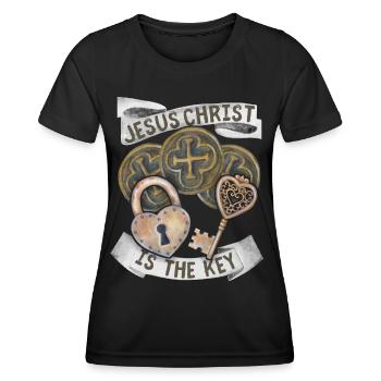 Cross of Christ, Jesus Christ Lock Key - Women's Functional T-Shirt - black - Front - AI Model Female 172 light (172cm)