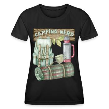 Camping, camping nerd, backpack, funny saying - Women's Functional T-Shirt - black - Front - AI Model Female 172 light (172cm)