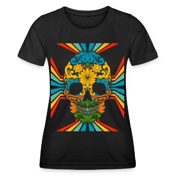 70er Jahre Flower-Power Skull Retro-Totenkopf - Frauen Funktions-T-Shirt - Schwarz - Vorne - AI Model Female 172 light (172cm)