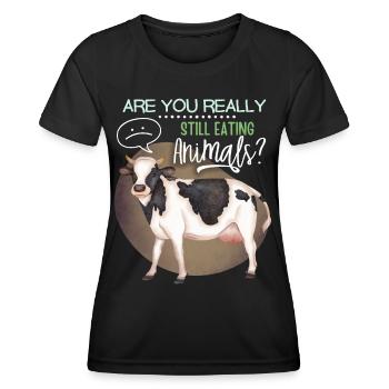 Vegan, Vegetarier lustiger Spruch mit Kuh - Frauen Funktions-T-Shirt - Schwarz - Vorne - AI Model Female 172 light (172cm)