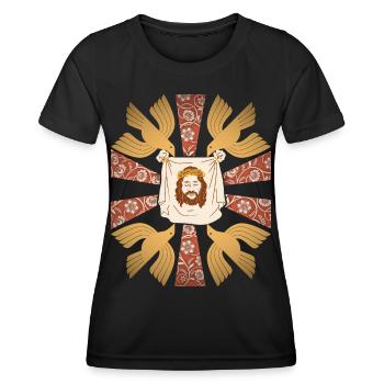 Jesus Christus, Tuch, Christlich, Friedenstauben - Frauen Funktions-T-Shirt - Schwarz - Vorne - AI Model Female 172 light (172cm)