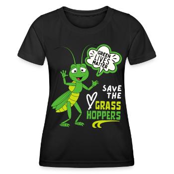 Comic Grashüpfer, lustiger Spruch Heuschrecke - Frauen Funktions-T-Shirt - Schwarz - Vorne - AI Model Female 172 light (172cm)