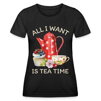 Tea drinker, tea with teapot and cupcake - Women's Functional T-Shirt - black - Front - AI Model Female 172 light (172cm)