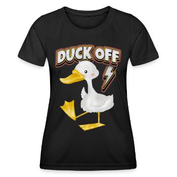 Comic duck, funny saying Duck-Off, Pun - Women's Functional T-Shirt - black - Front - AI Model Female 172 light (172cm)
