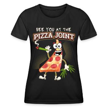 Funny pizza saying with cannabis joint, Pun - Women's Functional T-Shirt - black - Front - AI Model Female 172 light (172cm)