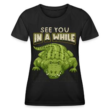 Crocodile disant, à bientôt, comique, jeu de mots - T-shirt sport Femme - noir - Devant - AI Model Female 172 light (172cm)