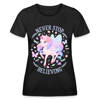 Licorne, Licorne Kawaii et Papillons - T-shirt sport Femme - noir - Devant - AI Model Female 172 light (172cm)