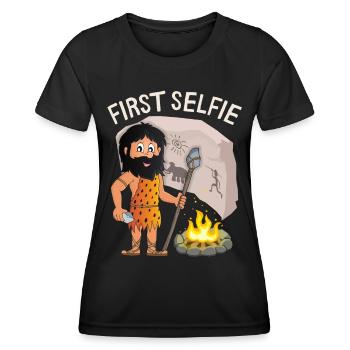 Funny Neanderthal, First Selfie, Saying, Pun - Women's Functional T-Shirt - black - Front - AI Model Female 172 light (172cm)