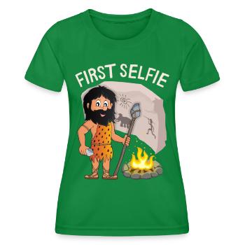 Funny Neanderthal, First Selfie, Saying, Pun - Women's Functional T-Shirt - kelly green - Front - AI Model Female 172 dark (172cm)