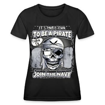 Lachender Pirat, Totenkopf, Totenschädel, Spruch - Frauen Funktions-T-Shirt - Schwarz - Vorne - AI Model Female 172 light (172cm)