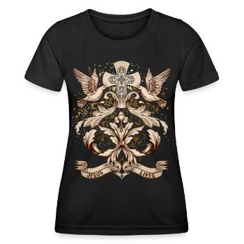 Kreuz Christi, Jesus Christus mit Friedenstauben - Frauen Funktions-T-Shirt - Schwarz - Vorne - AI Model Female 172 light (172cm)