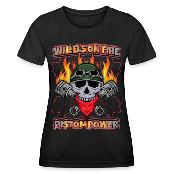Biker skull with piston, motorcyclist saying - Women's Functional T-Shirt - black - Front - AI Model Female 172 light (172cm)
