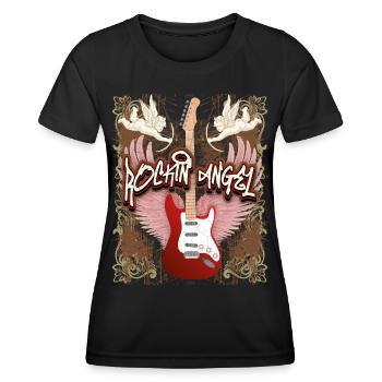 Guitare Guitare électrique, Rock n Roll Dire Ange Chérubins - T-shirt sport Femme - noir - Devant - AI Model Female 172 light (172cm)