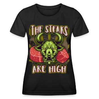 Steak, meat, funny saying, bull's head, bulls - Women's Functional T-Shirt - black - Front - AI Model Female 172 light (172cm)