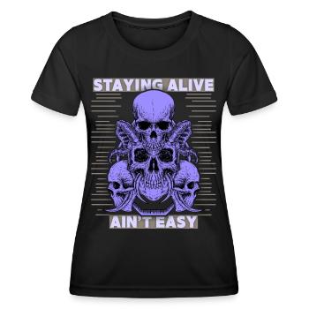 Totenköpfe, Spruch Staying Alive, Teufelsschädel - Frauen Funktions-T-Shirt - Schwarz - Vorne - AI Model Female 172 light (172cm)
