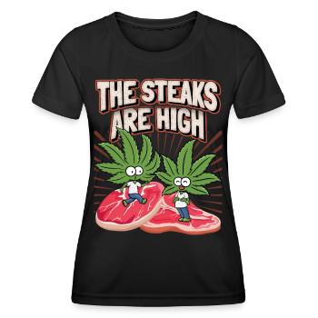 Steak, Cannabis Leaf, Marijuana, Funny Saying - Women's Functional T-Shirt - black - Front - AI Model Female 172 light (172cm)