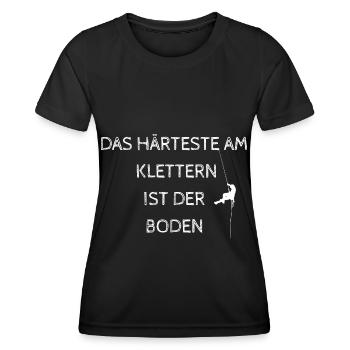 Dicton : La chose la plus difficile dans l’escalade est le sol - T-shirt sport Femme - noir - Devant - AI Model Female 172 light (172cm)