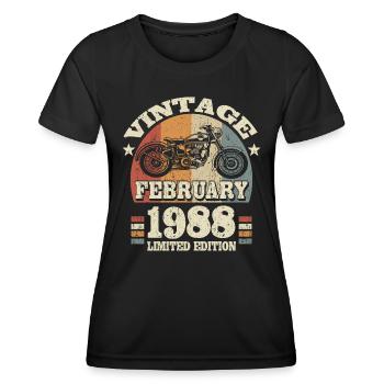 Vintage retro motor biker born in February 1988 - Women's Functional T-Shirt - black - Front - AI Model Female 172 light (172cm)