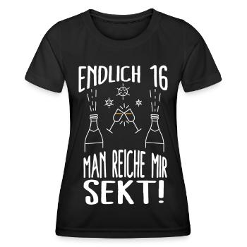 16. Geburtstag - Man reiche mir Sekt. Geschenk - Frauen Funktions-T-Shirt - Schwarz - Vorne - AI Model Female 172 light (172cm)