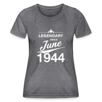 80. Geburtstag Legendär seit Juni 1944 Jahrgang 44 - Frauen Funktions-T-Shirt - dunkle Melange  - Vorne - AI Model Female 172 light (172cm)