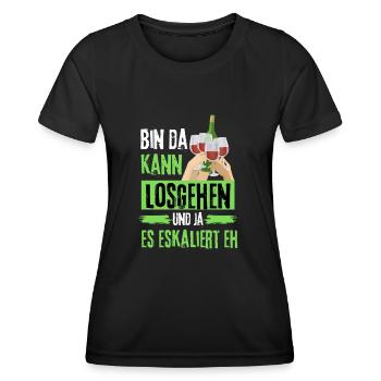 Bin da kann losgehen ja es eskaliert eh mit Wein - Frauen Funktions-T-Shirt - Schwarz - Vorne - AI Model Female 172 light (172cm)