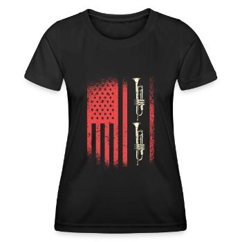 Amerikanische Flagge Mit Trompeten Motiv - Frauen Funktions-T-Shirt - Schwarz - Vorne - AI Model Female 172 light (172cm)