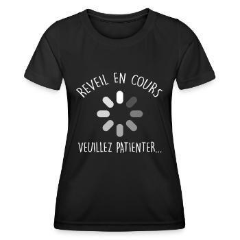 Réveil en cours. Cadeau Dormeur Humour - T-shirt sport Femme - noir - Devant - AI Model Female 172 light (172cm)
