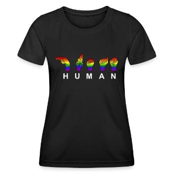 Show your PRIDE. HUMAN - RESPECT - Show of hands - Women's Functional T-Shirt - black - Front - AI Model Female 172 light (172cm)