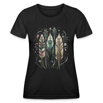 Colorful Feathers, Boho, Ethnic, Style, Indian, Pattern - Women's Functional T-Shirt - black - Front - AI Model Female 172 light (172cm)